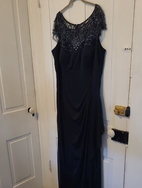 Xscape Navy Beaded Illusion Yoke Evening Gown
